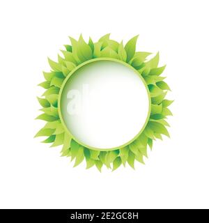 Couronne ronde avec feuilles vert vif isolées sur blanc. Zone de texte ou étiquette. Cadre été sur fond blanc. Illustration vectorielle. Illustration de Vecteur