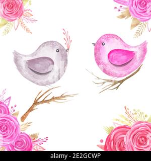 Composition printanière une paire d'oiseaux mignons et de belles fleurs. Carte de Saint-Valentin aquarelle peinte à la main Banque D'Images