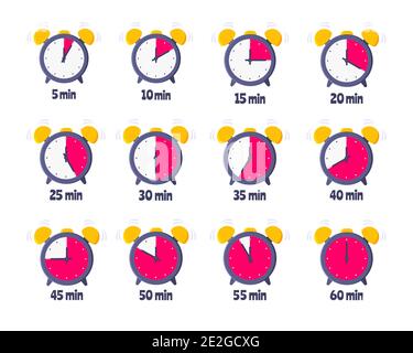 Compte à rebours des minutes sur horloge analogique face plate style design vectoriel illustration icône signe ensemble isolé sur fond blanc. Horloge murale analogique minutes t Illustration de Vecteur