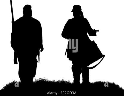 Silhouette américaine de soldat de guerre civile et de batteur en noir sur fond blanc, motif vectoriel Illustration de Vecteur