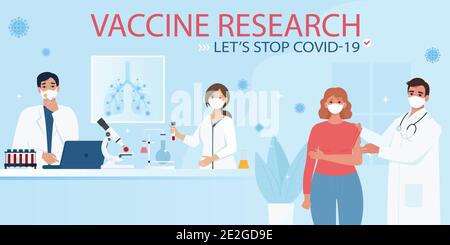 Arrêter Covid-19. Les scientifiques font des recherches sur un nouveau virus et testent le vaccin sur des volontaires. Illustration de Vecteur