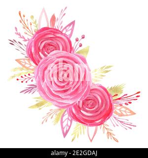 Aquarelle florale arrangement clipart. Bouquet de mariage de roses rouges peintes à la main. Banque D'Images