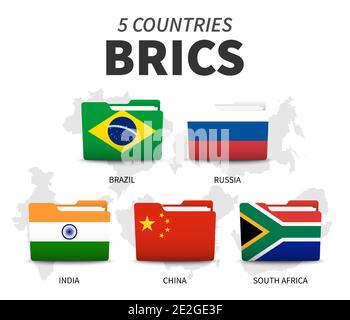 BRICS . Association de 5 pays . Conception de l'indicateur de dossier . Fond blanc isolé et carte du pays . Vecteur . Illustration de Vecteur