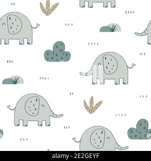 Joli motif éléphant de bébé sans couture avec éléments floraux et texture crayon. Illustration vectorielle de style scandinave dessinée à la main. Illustration de Vecteur