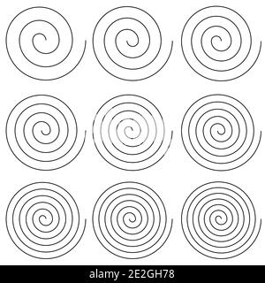 Ensemble de spirales avec différents nombres de tours de défilement, vecteur hélice simple spirale tours circulaires gyre Illustration de Vecteur