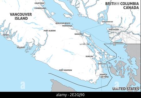 Carte de l'île de Vancouver (Nanaimo, Victoria, Tofino) et du Grand Vancouver. Canada, Colombie-Britannique. Carte touristique. Carte simple avec peu de texte. Illustration de Vecteur