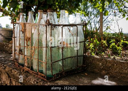 Caisse métallique de vieilles bouteilles de verre poussiéreuses trouvées dans l'ancien sous-sol dans une maison de village, Bulgarie Banque D'Images