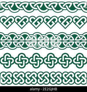 Collection de motifs verts tressés vector Celtic irlandais sans couture, bordure et cadre, parfait pour les cartes de vœux, le célèbre anniversaire de St Patrick Illustration de Vecteur
