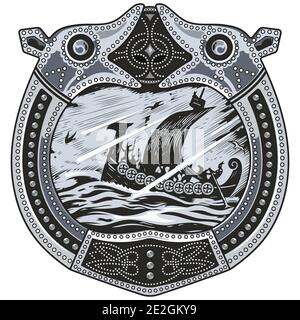 Design viking. Drakkar naviguant dans une mer orageux. Dans le cadre du motif scandinave Illustration de Vecteur