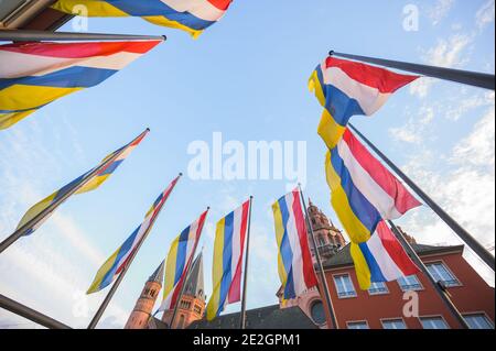 Mayence, Allemagne. 13 janvier 2021. Les drapeaux traditionnels du carnaval en rouge-blanc-bleu-jaune flutter dans le vent en face de la cathédrale. Credit: Andreas Arnold/dpa/Alay Live News Banque D'Images