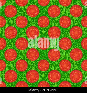 Fond vectoriel sans couture motif de tomates tranchées sur feuilles vertes sur fond carré adapté au papier d'emballage, papier peint, textile. Illustration de Vecteur