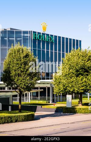 Entrée du siège de Rolex, la marque suisse de montres de luxe, à Genève. Banque D'Images