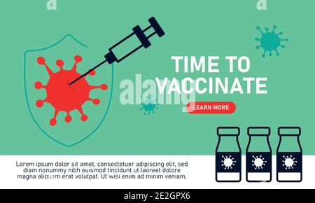 Le temps de vacciner. Concept moderne et plat pour la conception de sites Web. Illustration vectorielle avec seringue avec vaccin, flacon et virus. SPE 10 Illustration de Vecteur