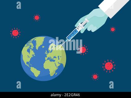Médecin à la main injectant le vaccin dans la planète Terre. Concept du coronavirus Covid-19. Illustration vectorielle Illustration de Vecteur