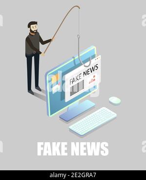 Fausses nouvelles, désinformation ou canulars, illustration isométrique à vecteur plat. Illustration de Vecteur