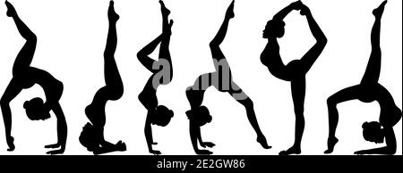 Ensemble de silhouettes de femme faisant des poses de yoga. Icônes de fille qui s'étire et se détend son corps dans de nombreuses poses de yoga complexes. Les formes noires de la femme isolent Illustration de Vecteur