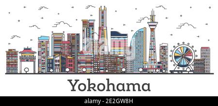 Aperçu Yokohama Japan City Skyline avec des bâtiments de couleur moderne isolés sur blanc. Illustration vectorielle. Yokohama CityScape avec des monuments. Illustration de Vecteur