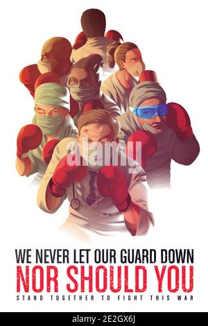 illustration vectorielle d'une affiche de sensibilisation pour encourager les soins de santé les travailleurs qui risquent leur vie en première ligne pendant le crise pandémique Illustration de Vecteur