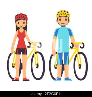 Jeune couple de dessin animé dans l'équipement de fitness avec des vélos. Illustration de clip art vectoriel isolée. Illustration de Vecteur