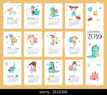 modèle de vecteur de calendrier 2019 avec princesse, chevalier, dragon Illustration de Vecteur