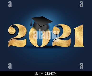 Senior 2021 Félicitations diplômé - Typographie. Autocollant doré et arrière-plan bleu foncé isolé. Idéal pour les tee-shirts, les lycéens ou les diplômés d'université. Illustration de Vecteur