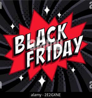 Solde du Vendredi fou bannière de style comique. Inscription du vendredi noir sur fond noir et rouge. Bannière Web pop-art de style BD, animation flash. Vecteur i Illustration de Vecteur