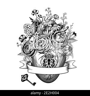 Composition vintage de coeur avec fleurs, trou de serrure rétro et clé dans le style de gravure. Dessin vectoriel noir et blanc. Illustration de Vecteur