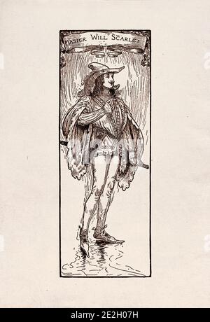Gravure antique de personnages littéraires du folklore anglais des légendes Robin des Bois. Maître Scarlet. Par Louis Rhead. 1912 Banque D'Images