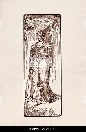 Gravure antique de personnages littéraires du folklore anglais des légendes Robin des Bois. Femme du shérif. Par Louis Rhead. 1912 Banque D'Images