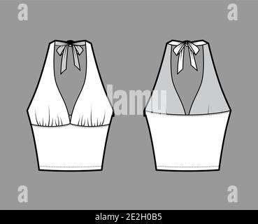 Haut crop Empire couture et dos nu débardeur technique mode illustration avec coupe près du corps, longueur de la taille. Vêtements plats chemise extérieur modèle avant, arrière, couleur blanche. Femmes hommes unisexe CAD maquette Illustration de Vecteur