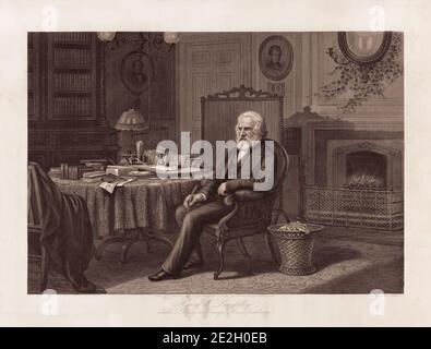 La gravure rétro Henry W. Longfellow, dans sa bibliothèque à Craigie House, Cambridge. Gravure.1882 Henry Wadsworth Longfellow (1807 – 1882) est un américain Banque D'Images