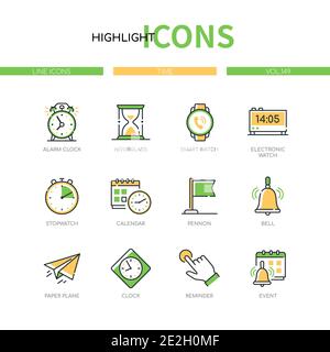 Time concept - jeu d'icônes de style de conception de ligne moderne. Idée de planification d'entreprise et de gestion de flux de travail. Réveil, sablier, montre intelligente et électronique, Illustration de Vecteur
