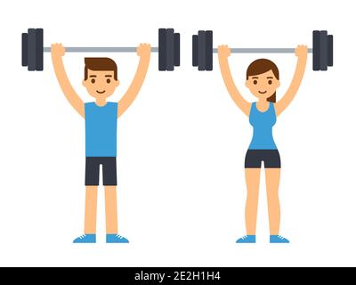 Homme et femme bodybuilders levant barbell au-dessus de la tête. Illustration de l'haltérophilie. Clip art vectoriel de dessin animé de style plat Illustration de Vecteur