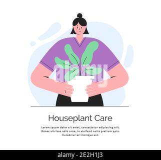 Jeune femme tenant une plante dans un pot. Concept de soin de la maison. Bannière vectorielle avec place pour le texte. Illustration de style tendance isolée sur blanc Illustration de Vecteur