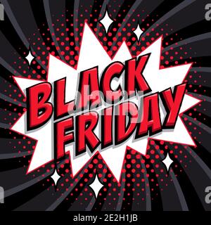 Solde du Vendredi fou bannière de style comique. Inscription Red Black friday sur fond blanc et noir. Bannière Web style BD pop-art, flash Illustration de Vecteur