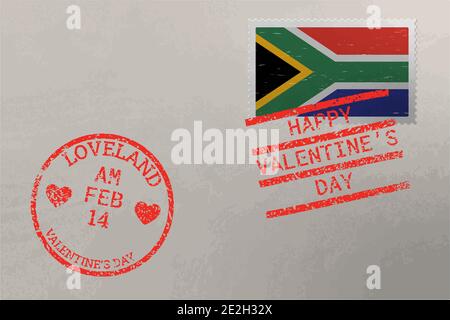 Enveloppe de timbre-poste avec drapeau de l'Afrique du Sud et timbres de la Saint-Valentin, vecteur Illustration de Vecteur