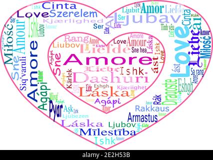 Nuage de mots avec le mot amour dans différentes langues (par exemple: liefde, amor, amour, Liebe, amore, Agápi) sur fond transparent. Illustration de Vecteur