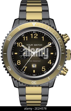 Montre réaliste chronographe or noir design pour hommes luxe sur fond blanc illustration vectorielle. Illustration de Vecteur