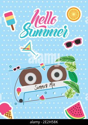 Cassette rétro Summer MIX avec motif icônes, cassette Music vintage et illustration vectorielle sur thème audio Illustration de Vecteur