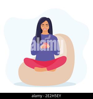 Jeune femme assise sur un sac de haricots dans une posture de Lotus et tient une tasse de boisson chaude dans ses mains. Concept de repos et de détente. Illustration vectorielle Illustration de Vecteur