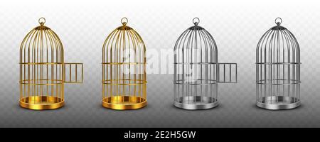 Cages à oiseaux, cages à oiseaux vides vintage de couleurs or et argent, seaux en métal avec portes ouvertes et fermées isolées sur fond transparent. Pièges en acier et or, illustration vectorielle 3d réaliste, ensemble Illustration de Vecteur