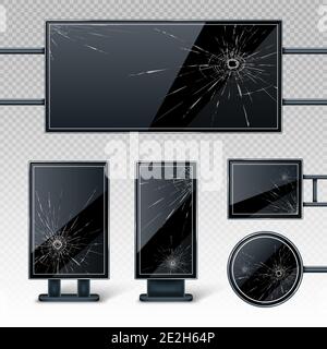 Panneaux d'affichage vierges cassés, écrans LCD noirs vides ou supports publicitaires présentant des trous et des fissures. Bannières vierges horizontales, verticales, rondes et rectangulaires, ensemble de vecteurs 3d réalistes isolés Illustration de Vecteur