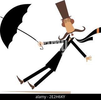 Long moustache homme reste sur l'illustration du vent fort. Un vent fort et une longue moustache dans le chapeau supérieur avec parapluie isolé sur blanc Illustration de Vecteur