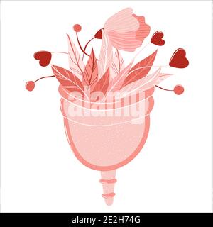 Coupe menstruelle avec fleurs et feuilles. Un style de vie sans gaspillage. Illustration vectorielle de style dessin animé plat isolée sur fond blanc. Femme santé conc Illustration de Vecteur