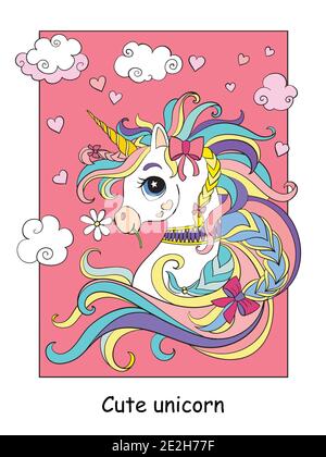 Joli portrait romantique de licorne avec des coeurs dans le ciel nuageux. Dessin animé vectoriel illustration colorée isolée sur fond blanc. Pour l'impression, la conception, env Illustration de Vecteur