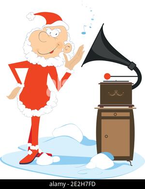 Illustration du Père Noël et du lecteur de disques rétro. Le Père Noël souriant écoute la musique d'un ancien joueur de disques isolé sur blanc Illustration de Vecteur