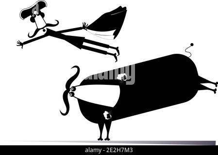 Dessin animé bullfighter et une illustration isolée de taureau. Drôle de longue moustache bullfighter tombe du taureau noir sur blanc Illustration de Vecteur