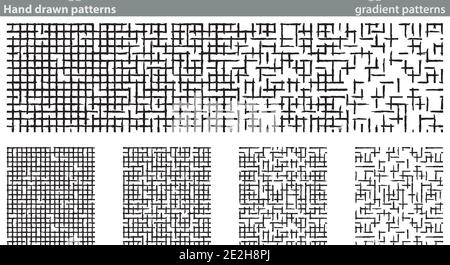 Quatre motifs sans couture réalisés avec une texture croisée dessinée à la main. Les motifs forment un dégradé de l'obscurité à la lumière. Illustration de Vecteur