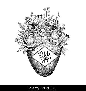 Illustration vintage de coeur avec fleurs et ruban dans le style de gravure tatouage avec citation lettrage. Illustration de Vecteur