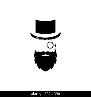 Icône Gentleman isolée sur fond blanc. Silhouette de la tête de l'homme avec moustache, lunettes de lorgnette, barbe et chapeau. Noir rétro, avatar vintage. Est Illustration de Vecteur